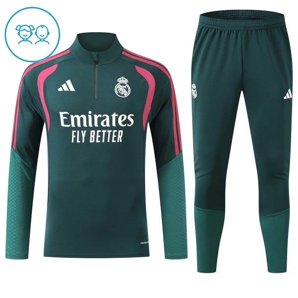 Conjunto de Moletom de Treino Real Madrid Criança Quarto-Zíper 2026-27 Verde Conjunto de Moletom de Treino Real Madrid Criança Quarto-Zíper 2026-27 Verde
